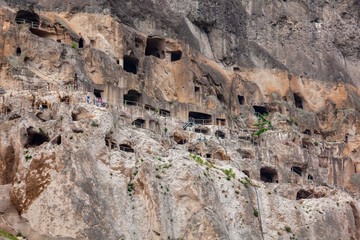 View of Vardzia caves. Vardzia is a cave monastery site in southern Georgia, excavated from the slopes of the Erusheti Mountain on the left bank of the Kura River