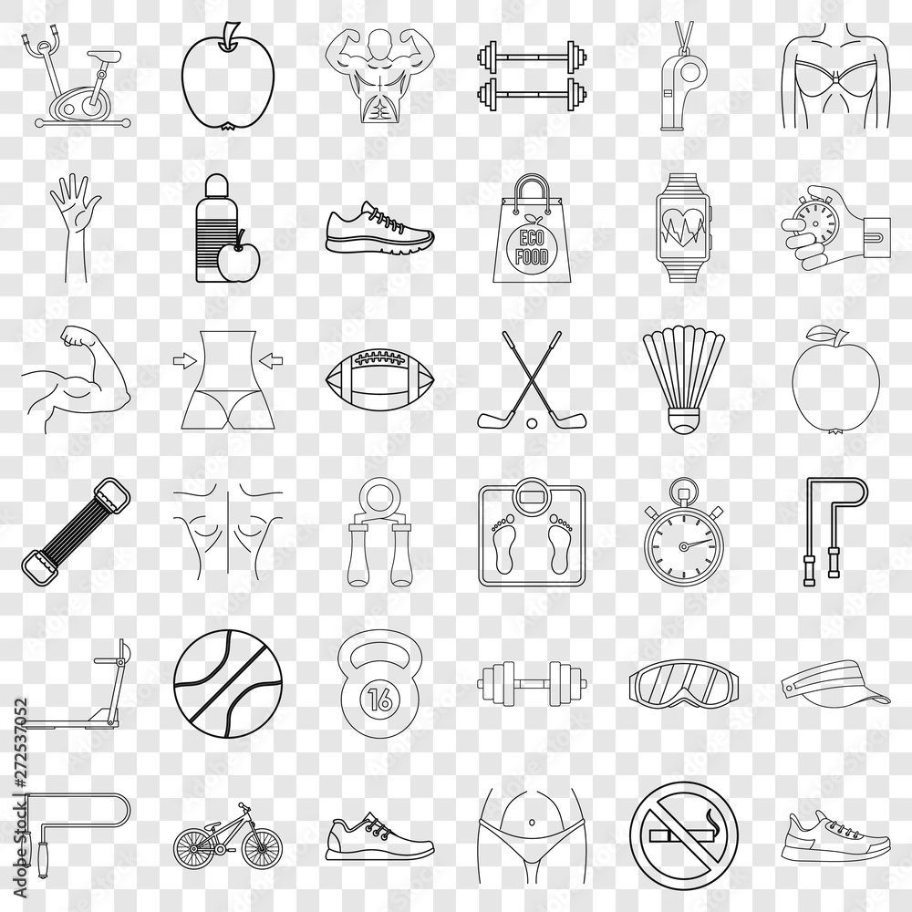 Poster fitbody icons set. outline style of 36 fitbody vector icons for web for any design