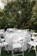 Wedding table setting decorated with fresh flowers in a brass vase. Wedding floristry. Banquet table for guests outdoors with a view of green nature. Bouquet with roses, eustoma and eucalyptus leaves