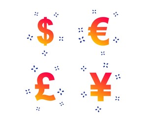 Dollar, Euro, Pound and Yen currency icons. USD, EUR, GBP and JPY money sign symbols. Random dynamic shapes. Gradient money icon. Vector
