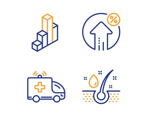 Ambulance car, Loan percent and 3d chart icons simple set. Serum oil sign. Emergency transport, Growth rate, Presentation column. Healthy hairs. Linear ambulance car icon. Colorful design set. Vector