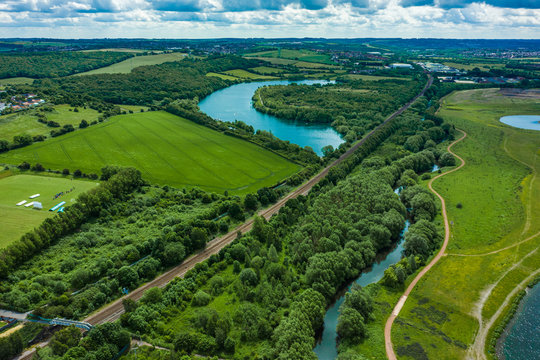 Aerial view of Waverley Lake, Rotherham, South Yorkshire, UK. Taken in June 2019
