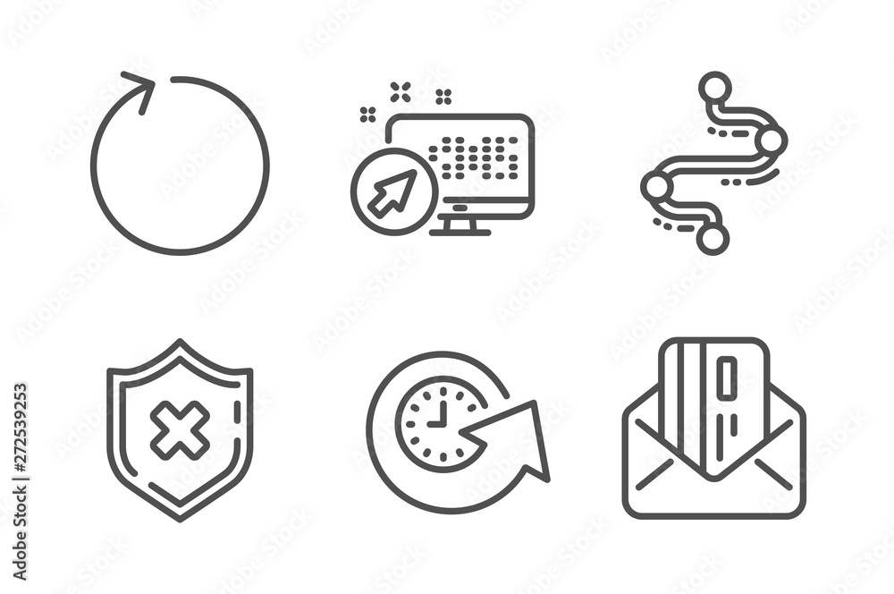 Poster reject protection, update time and timeline icons simple set. web system, loop and credit card signs