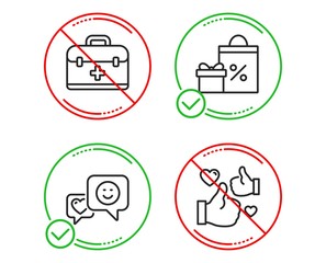 Do or Stop. Shopping, Smile and First aid icons simple set. Like sign. Gifts and sales, Socila media, Medicine case. Thumbs up. Line shopping do icon. Prohibited ban stop. Good or bad. Vector