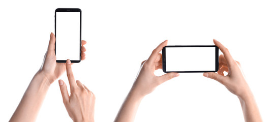 Set with women holding smartphones on white background, closeup of hands. Space for text