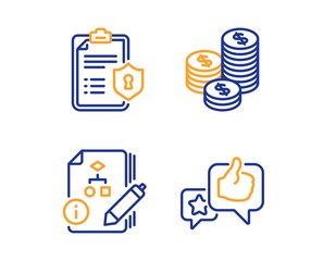 Algorithm, Coins and Privacy policy icons simple set. Like sign. Project, Cash money, Checklist. Star rating. Linear algorithm icon. Colorful design set. Vector