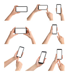 Obraz na płótnie Canvas Set with women holding smartphones on white background, closeup of hands. Space for text