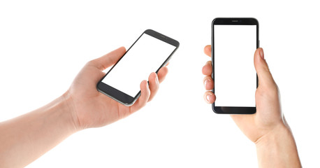 Set with men holding smartphones on white background, closeup of hands. Space for text