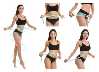 Set of attractive slim young woman measuring her body on white background