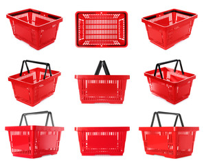 Set of plastic shopping baskets on white background