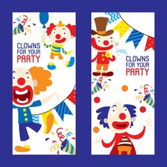 Clowns for your party set of banners vector illustration. Funny characters and different circus accessories. Cartoon clown, comedian and jester performance in costume. Laughing faces.