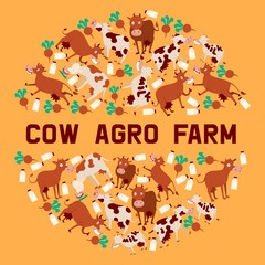 Cow agro farm banner vector illustration. Smiling cartoon animals with bottles of milk and vegetables. Fresh diary products concept. Text milk on cow. Organic and natural food.
