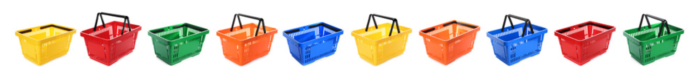 Set of different plastic shopping baskets on white background. Banner design