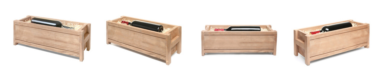 Set of wooden crates with wine on white background