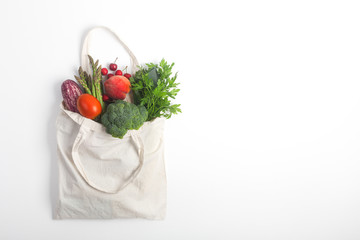 Reusable zero waste textile product bag, top view on white background
