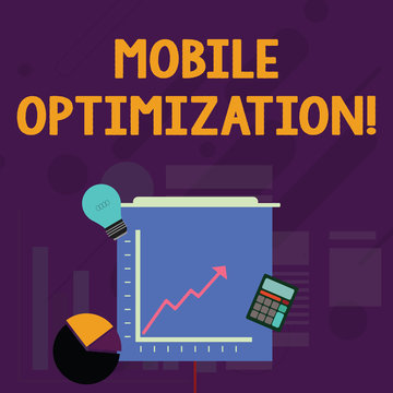Word writing text Mobile Optimization. Business photo showcasing Site Content Reformatted for Handheld or Tablet Devices Investment Icons of Pie and Line Chart with Arrow Going Up, Bulb, Calculator
