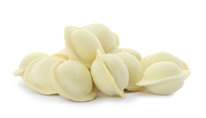 Heap of raw meat dumplings on white background