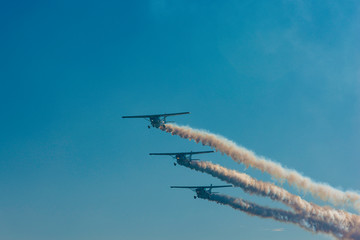 Airplane acrobatics in air show.