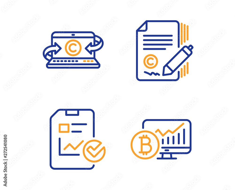 Poster report checklist, copywriting notebook and copywriting icons simple set. bitcoin chart sign. sales g