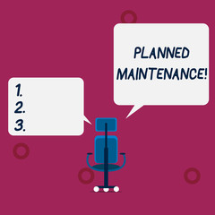 Conceptual hand writing showing Planned Maintenance. Concept meaning Check ups to be done Scheduled on a Regular Basis Wheeled work chair with three wheels and two arms present speech