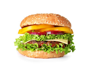 Tasty fresh burger with cutlet isolated on white