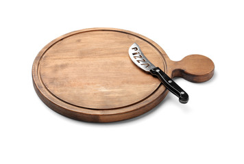 Stainless steel pizza knife with plastic handle on board against white background