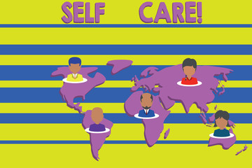 Fototapeta premium Conceptual hand writing showing Self Care. Concept meaning practice of taking action preserve or improve ones own health Connection multiethnic persons all Global business earth map