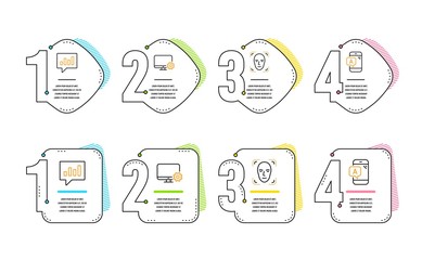 Monitor settings, Face detection and Analytical chat icons simple set. Ab testing sign. Service cogwheel, Detect person, Communication speech bubble. Phone test. Science set. Infographic timeline