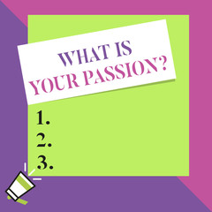 Text sign showing What Is Your Passion Question. Business photo text asking about his strong and barely controllable emotion Big blank square rectangle stick above small megaphone left down corner