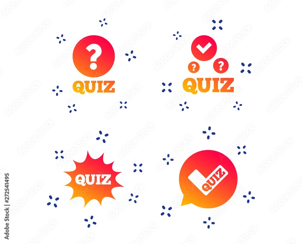Poster quiz icons. speech bubble with check mark symbol. explosion boom sign. random dynamic shapes. gradie