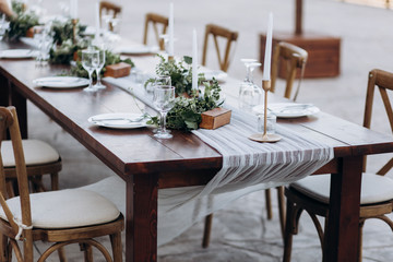 Eco-friendly, wedding decor. Wooden table newlyweds for a party.
