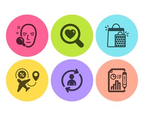 Search love, Shopping bags and Person info icons simple set. Face search, Flight sale and Report document signs. Dating service, Sale marketing. Flat search love icon. Circle button. Vector