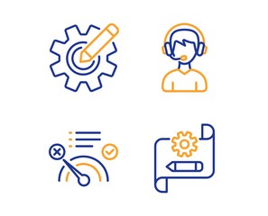 No internet, Consultant and Cogwheel icons simple set. Cogwheel blueprint sign. Bandwidth meter, Call center, Edit settings. Technology set. Linear no internet icon. Colorful design set. Vector