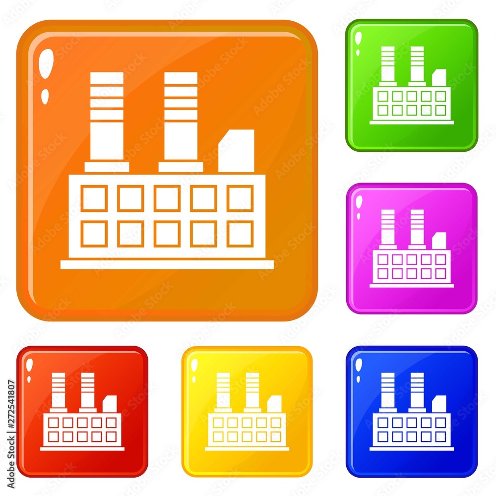 Poster factory building icons set collection vector 6 color isolated on white background