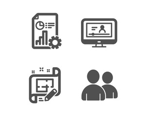 Set of Online video, Architect plan and Report icons. Users sign. Video exam, Engineering plan, Presentation document. Couple of people.  Classic design online video icon. Flat design. Vector