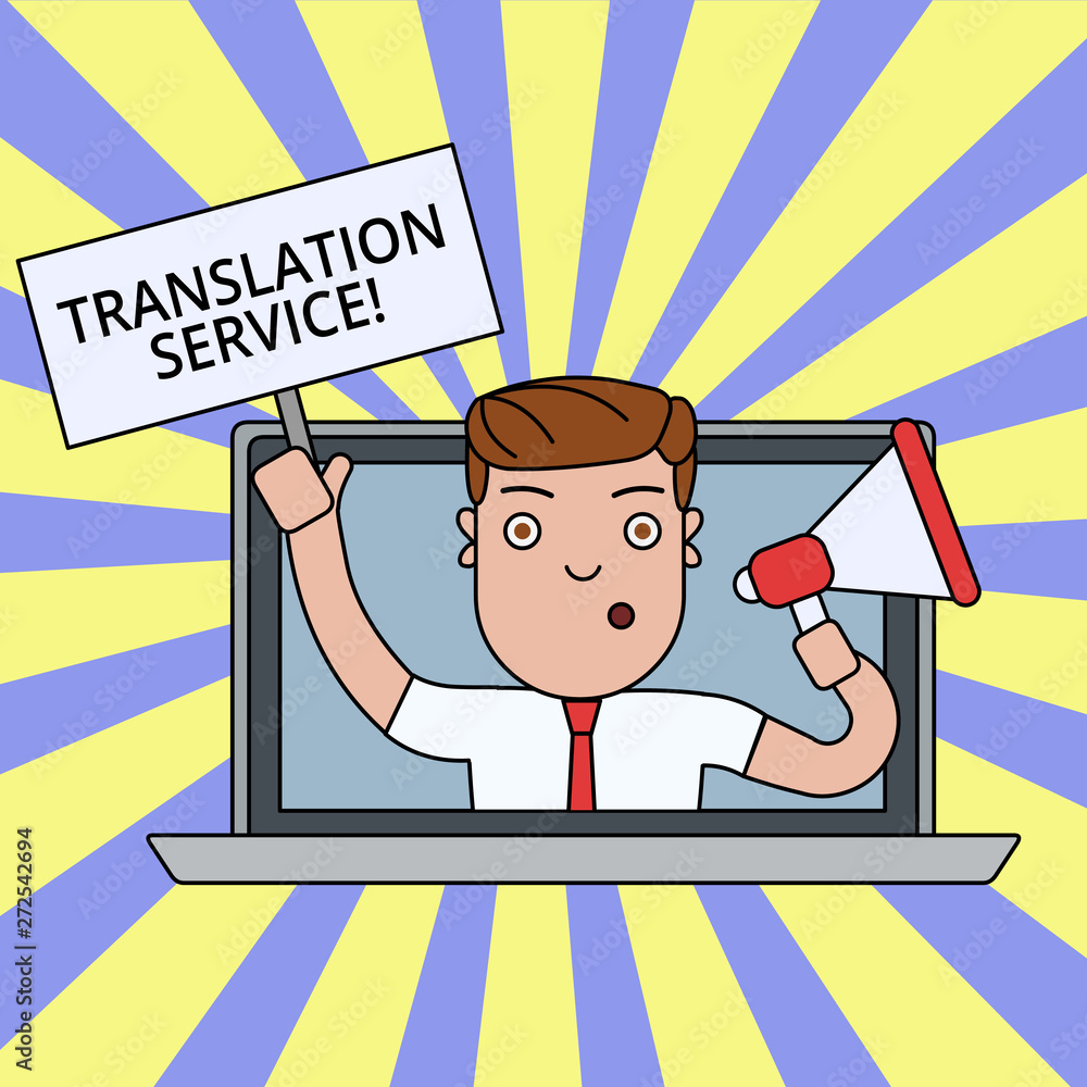 Poster writing note showing translation service. business concept for the equivalent target language from t