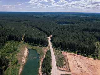 aerial drone view of green lake in forest area