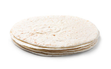 Stack of corn tortillas on white background. Unleavened bread