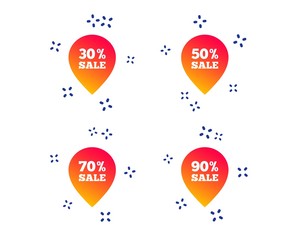 Sale pointer tag icons. Discount special offer symbols. 30%, 50%, 70% and 90% percent sale signs. Random dynamic shapes. Gradient shopping icon. Vector