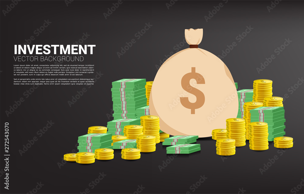 Wall mural stack of coin and banknote with money bag. concept of success investment and growth in business