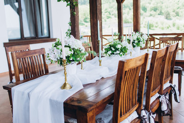 Eco-friendly, wedding decor. Wooden table newlyweds for a party.