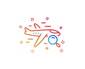 Search flight line icon. Find travel sign. Magnify glass. Gradient design elements. Linear search flight icon. Random shapes. Vector