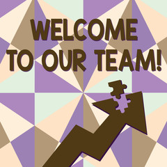 Text sign showing Welcome To Our Team. Business photo text introducing another demonstrating to your team mates Colorful Arrow Pointing Upward with Detached Part Like Jigsaw Puzzle Piece