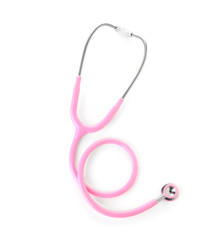 Stethoscope on white background, top view. Medical device