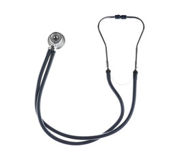 Stethoscope on white background, top view. Medical device