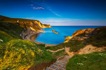 Jurassic coast and Durdle Door in Dorset at sunset