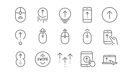 Swipe up line icons. Scrolling mouse, landing page swipe signs. Scroll up mobile device technology icons. Website scroll navigation. Linear set. Vector