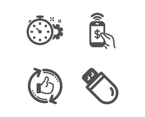 Set of Phone payment, Cogwheel timer and Refresh like icons. Usb stick sign. Mobile pay, Engineering tool, Thumbs up counter. Memory flash.  Classic design phone payment icon. Flat design. Vector