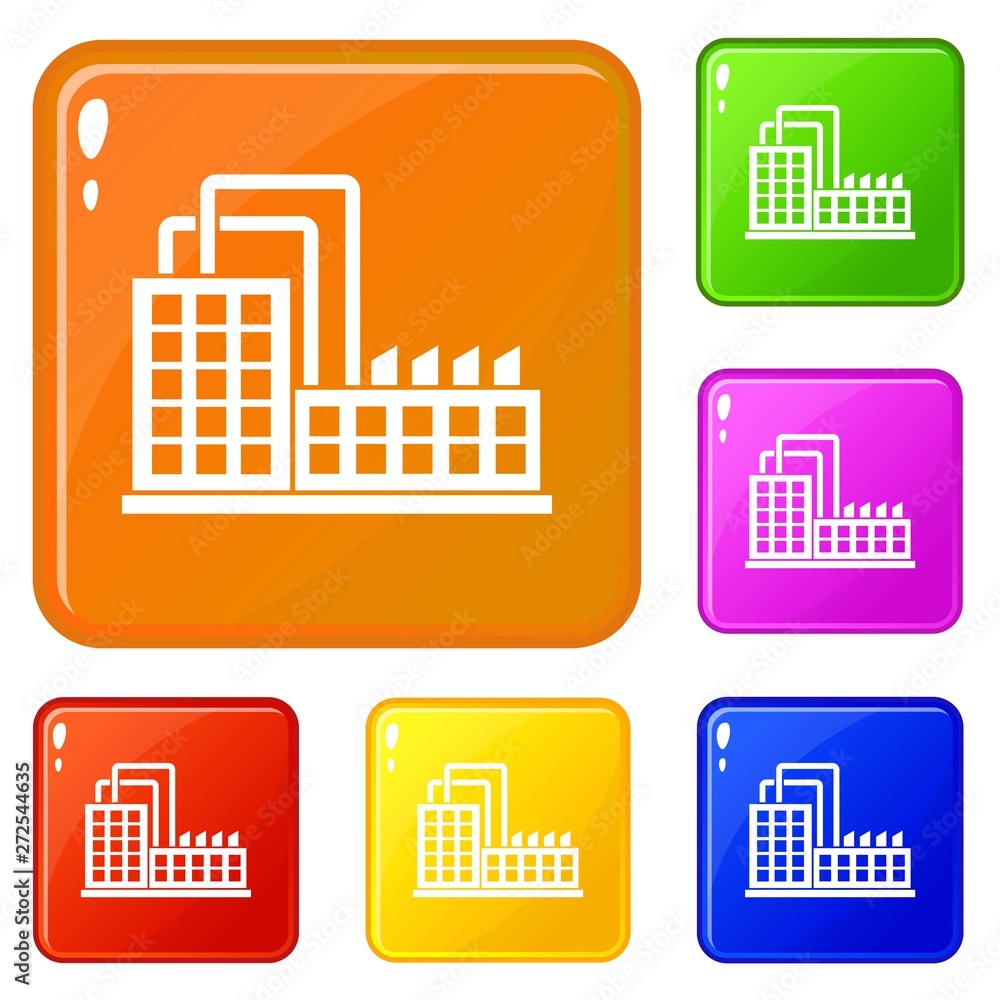 Poster factory building icons set collection vector 6 color isolated on white background