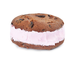 Sweet delicious ice cream cookie sandwich on white background